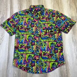 RSVLTS Reef Riot Shirt Mens Medium Green Blue Red Button Up Short Sleeve Geo Men